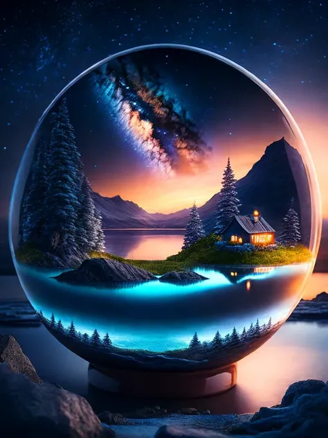 a small city sitting in an island in a ceramic bowl full of water| beautiful night sky | photo manipulation| beautiful composition,8k,hdr