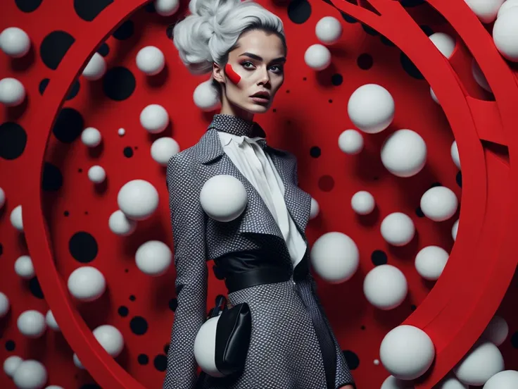 a woman standing in front of a red and white circle with white balls on it and a red and white polka dot pattern on the background, digital art, fashion, advertisment, swiss design, graphic design