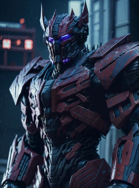 photo of optimus prime from transformers, blue red, rainy, rtx, (cinematic atmospheric:1.1), cinematic lighting, golden ratio, perfect composition, elegant, no crop, extremely detailed, 4k, sharp focus, masterpiece, CinemaHelper, PhotoHelper, backlight,