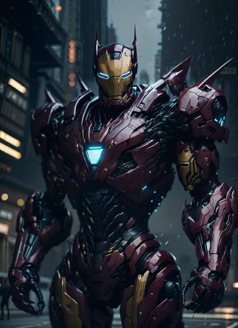 Ironman mech standing outside city 17, glossy robot, rainy, rtx, moody atmosphere, (cinematic atmospheric:1.1), cinematic lighting, golden ratio, perfect composition, elegant, no crop, extremely detailed, 4k, sharp focus, masterpiece, CinemaHelper, PhotoHelper, backlight,