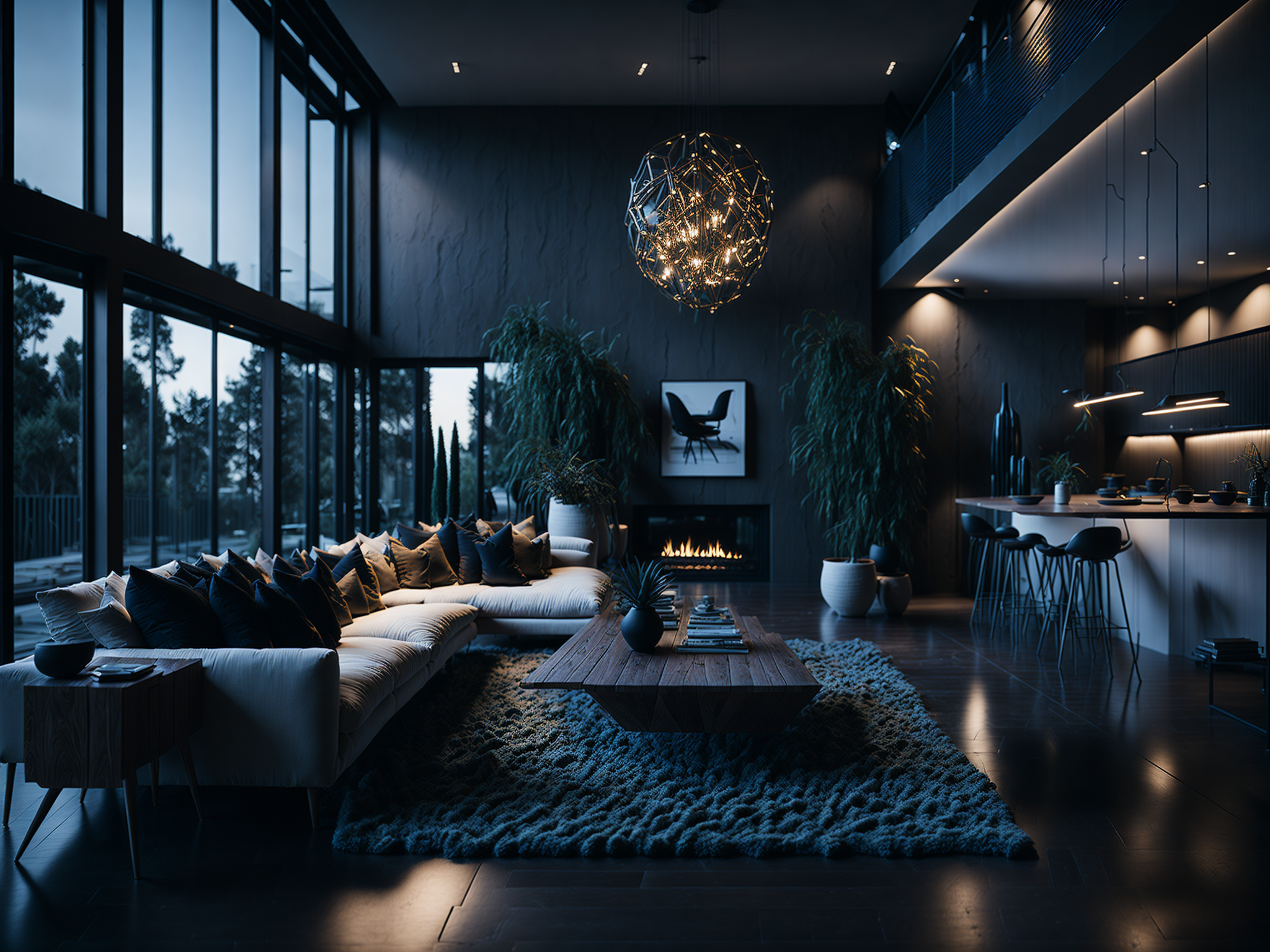 Arafed living room with a large couch and a fireplace - SeaArt AI