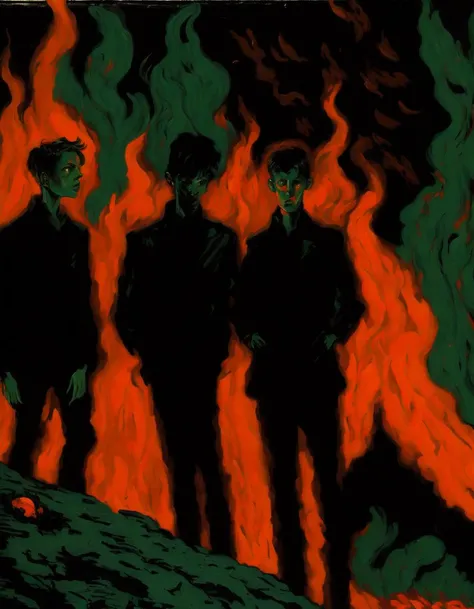 from the book Lord of the Flies by William Golding,
the year is 1950, on an island, A painting of a group of British boys gathered around a fire, their faces illuminated by the flames. The painting is inspired by the works of Edvard Munch and features exaggerated emotions and bold colors. ((Intense)), ((Emotional)), ((Bold)), ((Exaggerated Emotions)), ((Bright Colors)), ((Expressionist Style))