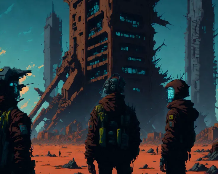 A futuristic and dystopian scene of a group of boys trapped on an isolated, decaying island, surrounded by towering skyscrapers and polluted skies, as imagined by cyberpunk artist Simon Stalenhag. ((Cyberpunk)), ((Dystopian and Bleak)), ((Highly Detailed)), ((Vibrant Colors)), ((Professional Quality)), ((Futuristic and Apocalyptic))