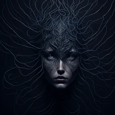 On wings of gossamer an angel arises from the dark, detailed face