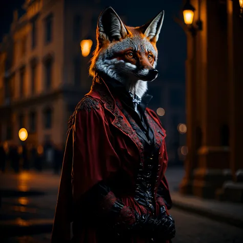 award winning portrait of a fox dressed as a woman dressed in the spirit of 1820, on the Red Square, bokeh, backlit