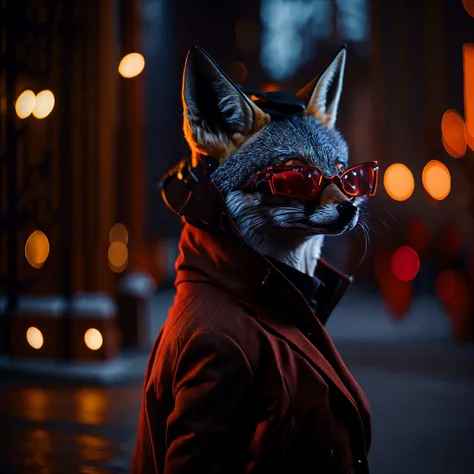 award winning portrait of a fox dressed as a woman secret agent, on the Red Square, bokeh, backlit
