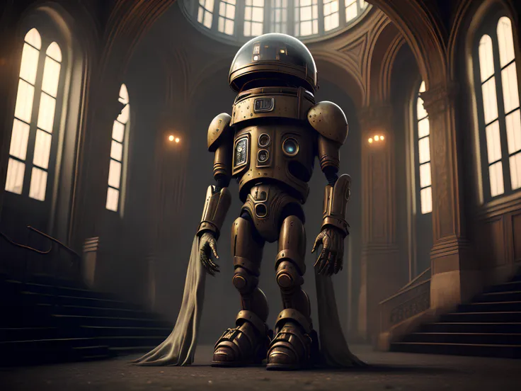 a robot standing in a ghotic church