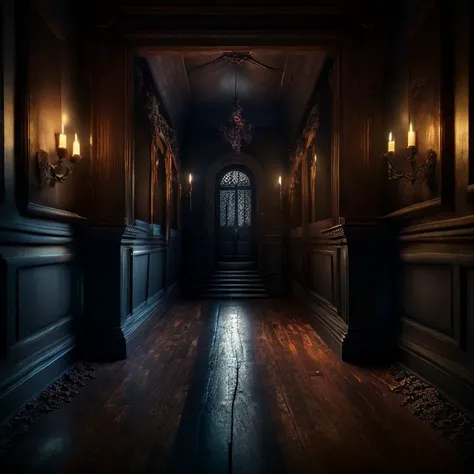 masterpiece, best quality, 8k, highres, absurdres, realistic, real life, photography, ray tracing, perfect lighting, , ultra realistic, scary dark hallway, film grain, horror \(theme\), wooden floor, candlelight, dark, dusty, abandoned, peeling off wallpaper,