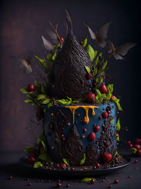 a delicious colorful fairy tales cake, cinematic, professional photography, studio lighting, studio background, advertising photography, intricate details, hyper-detailed, ultra realistic, 8K UHD