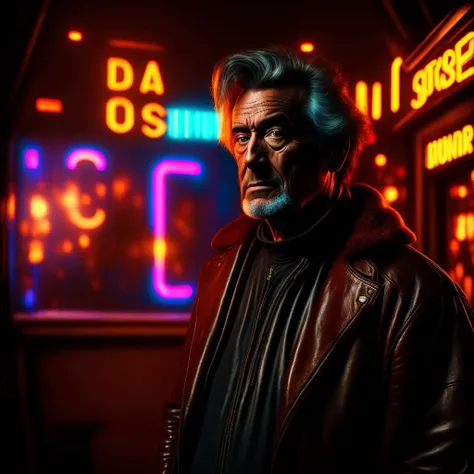 award winning cinematic photo of 35 years man standing inside 3000 year bar, beauty idol, man looking at camera, neon signs, neon light, rainbows, shiny, reflective, rtx, disco diffusion, synthwave, bokeh background, reflections, black background, rtx, unreal, octane render, 4k,photorealistic, high quality, <lora:add_detail:1>