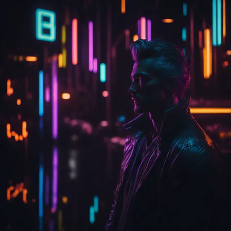 award winning cinematic photo of man standing inside 3000 year bar,man looking at camera, neon signs, neon light, rainbows, shiny, reflective, rtx, disco diffusion, synthwave, bokeh background, reflections, black background, rtx, unreal, octane render, 4k,photorealistic, high quality, <lora:add_detail:1>