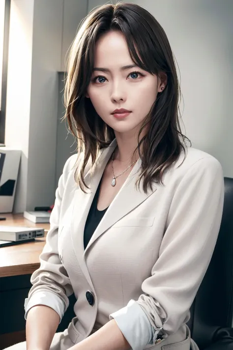 masterpiece, best quality, (photorealistic:1.4), 8K, RAW photo, ultra highres, extremely detailed eyes and face, extremely detailed, absurdres, Professional,1girl,small breasts, slender,skinny,looking at viewer,suit,upper body,office lady, zhangjiani,<lora:zhangjiani:0.85>,long hair, sitting,