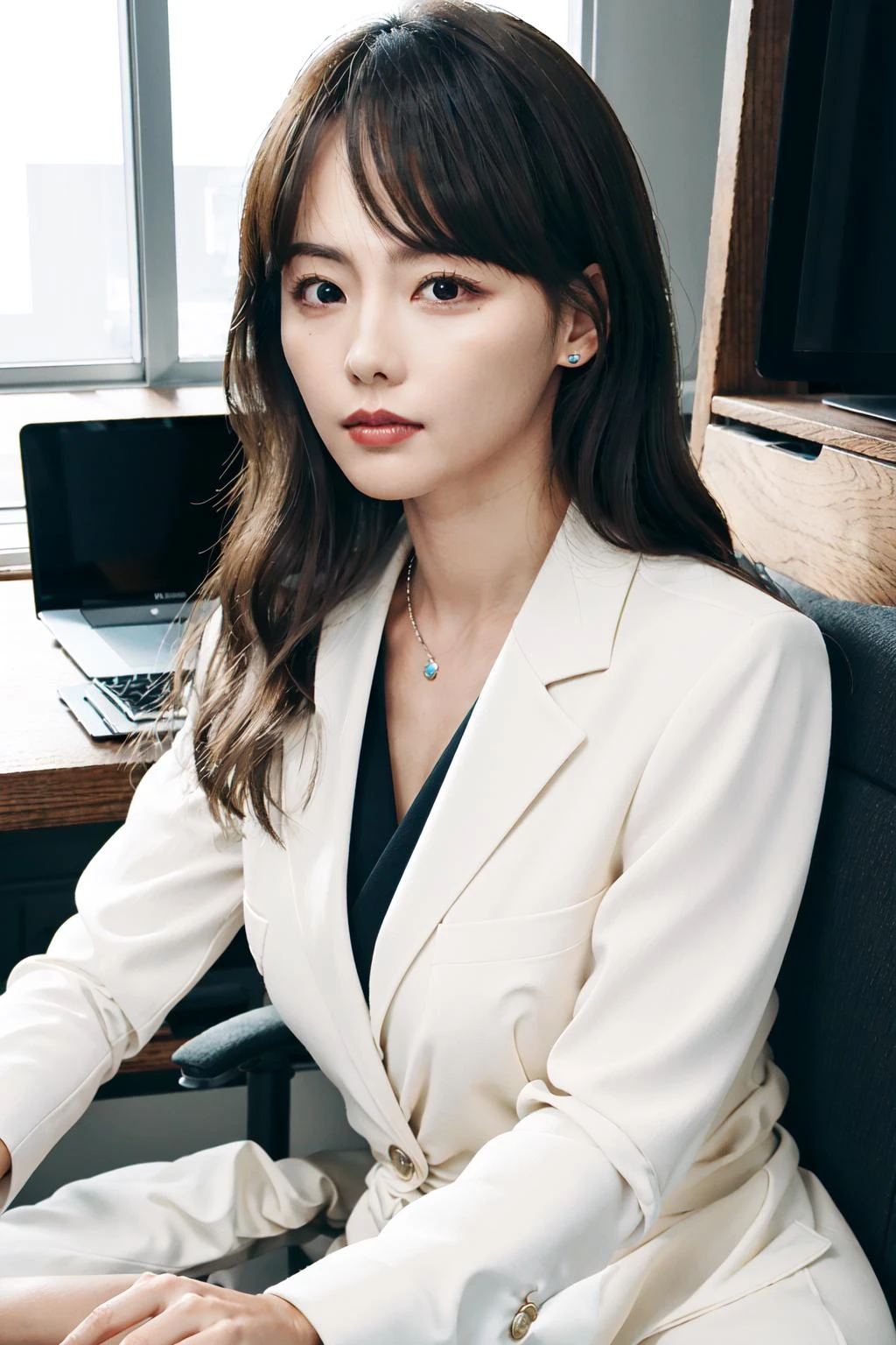 masterpiece, best quality, (photorealistic:1.4), 8K, RAW photo, ultra highres, extremely detailed eyes and face, extremely detailed, absurdres, Professional,1girl,small breasts, slender,skinny,looking at viewer,suit,upper body,office lady, zhangjiani,<lora:zhangjiani:0.9>,long hair, sitting, bangs,