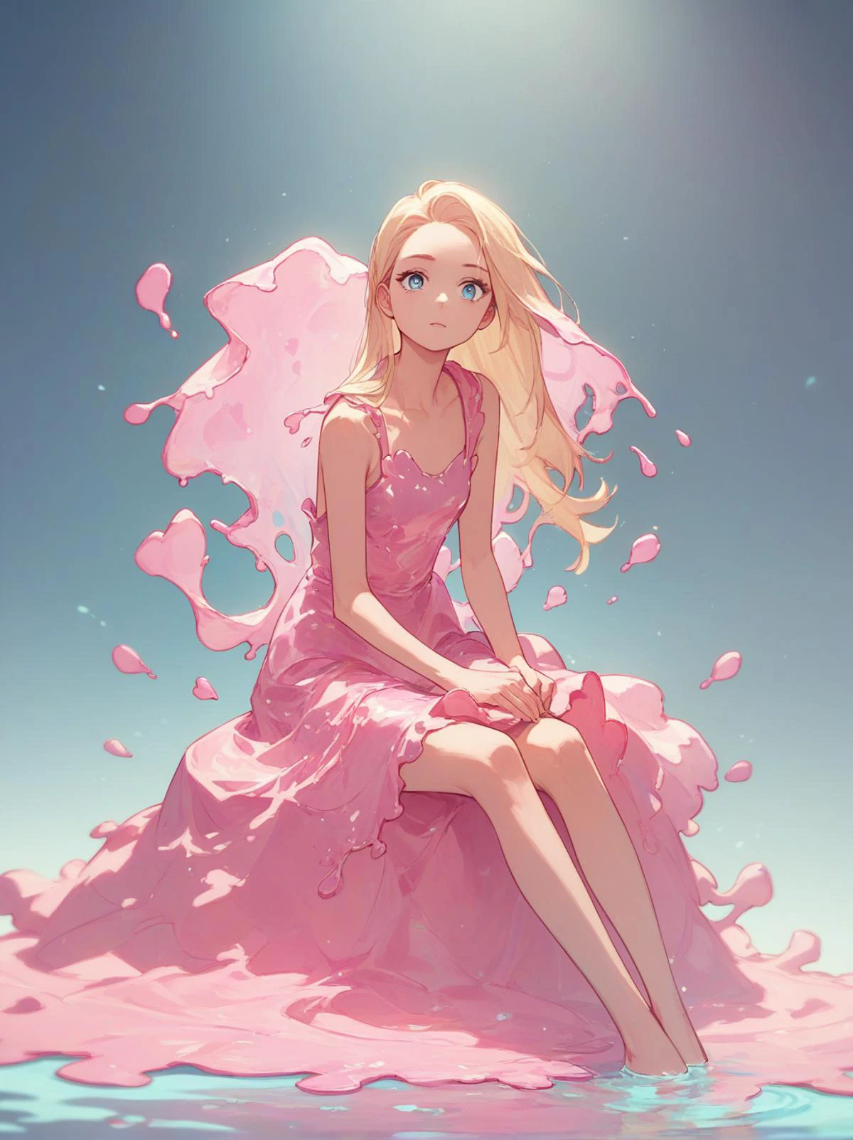 score_9, score_8_up, score_7_up, score_6_up, <lora:water_dress_v0.2-pony:1>
1girl, long hair, blonde hair, blue eyes,
liquid dress, sitting, pink dress, pink liquid,