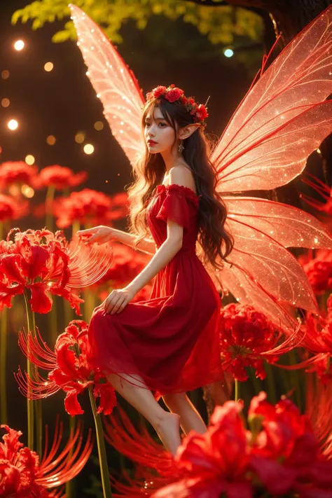 red_lycoris, 1girl, black hair,
flower, solo, long hair, wings, red flower, pointy ears, dress, barefoot, hair flower, fairy, nature, hair ornament, tree, red dress, blurry, forest, head wreath, glowing, very long hair, outdoors, depth of field, fairy wings,
looking at viewer
<lora:ç²¾çµ1-000016:0.8>
