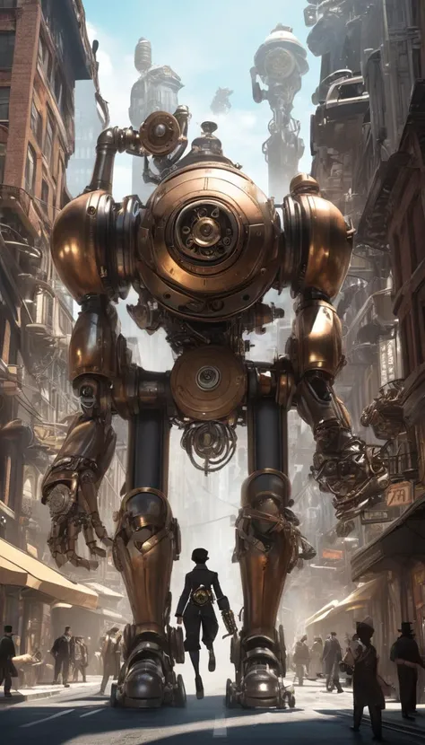 Cinematic scene, hero view, a steampunk character walking through a bustling city street with a large mechanical arm attached to their body, action pose, detailed background, masterpiece, best quality, high quality, absurdres, steampunk <lora:steampunk_xl_v1:1>