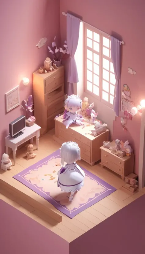 Tiny cute isometric Cinematic scene, hero view, solo, Emilia, Re:Zero <lora:emilia:1>, action pose, detailed background, masterpiece, best quality, high quality, absurdres in a cutaway box, soft smooth lighting, soft colors, 100mm lens, 3d blender render