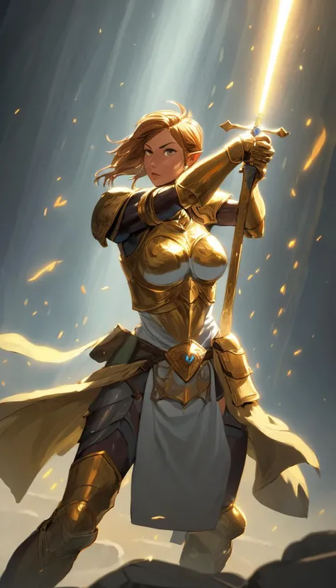 Cinematic scene, hero view, female paladin, a holy warrior bound to a sacred oath, action pose, detailed background, masterpiece, best quality, high quality, highres, absurdres, vivid, Dungeons and Dragons <lora:dungeons_and_dragons_xl_v2:1>