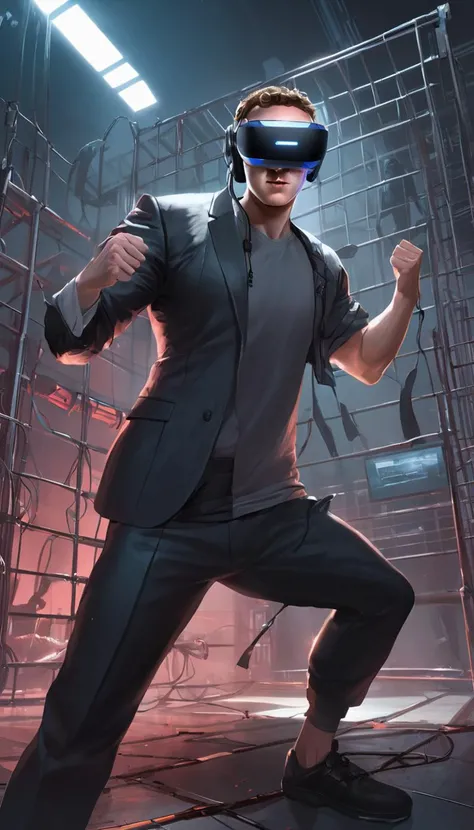 Cage fight arena, death battle, cyberpunk, cyberpunk style, lots a audience, public event, scenery, detailed background, (2men), (masterpiece, best quality, high quality:1.4)
AND Elon Musk on the left, Tesla power suit, angry expression, fighting pose, death battle, cage fight, cyberpunk, cyberpunk style, (2men), (masterpiece, best quality, high quality:1.4)
AND Mark Zuckerberg on the right, gray shirt, VR headset on head, serious expression, fighting pose, death battle, cage fight, cyberpunk, cyberpunk style,  (2men), (masterpiece, best quality, high quality:1.4)