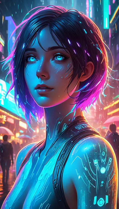 Bright glowing tattoos hologram Cortana, freckles, blush, colorful cyberpunk city, cyberpunk, cyberpunk art style, glowing multicolored neon lights, raining, (lightning), cinematic scene, extremely detailed multicolored glowing piercing eyes, extremely detailed face, detailed background, masterpiece, best quality, high quality, ultra detailed, intricate, highres, absurdres, 16k resolution <lora:cortana_xl_v3:1> <lora:add-detail-xl:1> <lora:neg4all_bdsqlsz_xl_V7:1> <lora:DetailedEyes_V3:1>