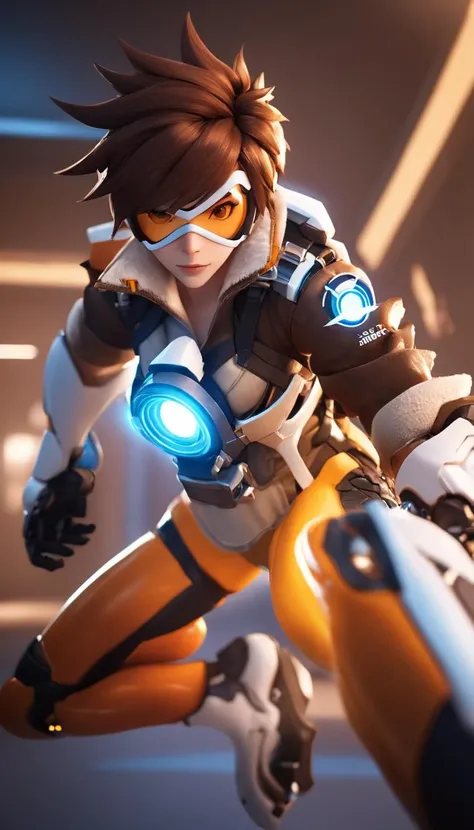 cinematic photo Cinematic scene, hero view, Tracer, Overwatch <lora:tracer_xl_v1:1>, action pose, detailed background, masterpiece, best quality, high quality, highres, absurdres . 35mm photograph, film, bokeh, professional, 4k, highly detailed