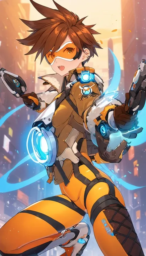 anime artwork Cinematic scene, hero view, Tracer, Overwatch <lora:tracer_xl_v1:1>, action pose, detailed background, masterpiece, best quality, high quality, highres, absurdres . anime style, key visual, vibrant, studio anime, highly detailed