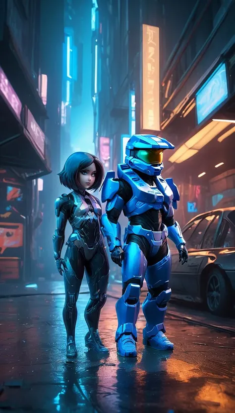 Two people, chibi Cortana and chibi Master Chief in a cinematic action shot, kawaii toy dolls, chibi, picture, HDR colours, cyberpunk cityscape in the background, cyberpunk surroundings, futuristic cyberpunk art style, raw photo, detailed, intricate, multicolor neon lights, night time, water reflections, dark atmosphere <lora:cortana_xl_v3:1> <lora:add-detail-xl:1> <lora:neg4all_bdsqlsz_xl_V7:1>, (Extremely Detailed Oil Painting:1.2), glow effects, godrays, Hand drawn, render, 8k, octane render, cinema 4d, blender, dark, atmospheric 4k ultra detailed, cinematic sensual, Sharp focus, humorous illustration, big depth of field, Masterpiece, colors, 3d octane render, 4k, concept art, trending on artstation, hyperrealistic, Vivid colors, extremely detailed CG unity 8k wallpaper, trending on ArtStation, trending on CGSociety, Intricate, High Detail, dramatic, absurdes