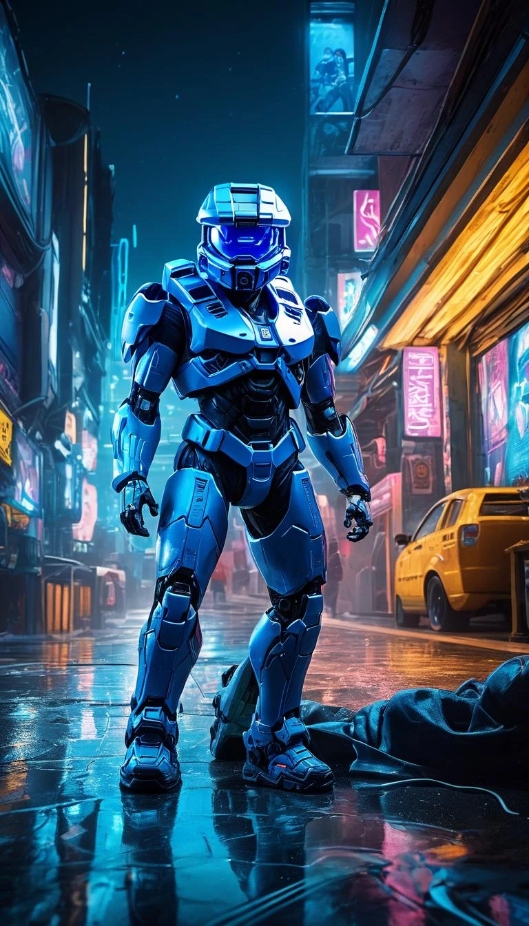 long shot scenic professional photograph of Two people, chibi Cortana and chibi Master Chief in a cinematic action shot, kawaii toy dolls, chibi, picture, HDR colours, cyberpunk cityscape in the background, cyberpunk surroundings, futuristic cyberpunk art style, raw photo, detailed, intricate, multicolor neon lights, night time, water reflections, dark atmosphere <lora:cortana_xl_v3:1> <lora:add-detail-xl:1> <lora:neg4all_bdsqlsz_xl_V7:1> , perfect viewpoint, highly detailed, wide-angle lens, hyper realistic, with dramatic sky, polarizing filter, natural lighting, vivid colors, everything in sharp focus, HDR, UHD, 64K