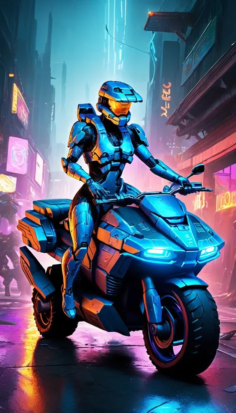 Two people, (glowing tattoos hologram Cortana) and (military camouflage colored cyborg Master Chief), reimagined in a cyberpunk universe, riding on a cyberpunk warthog, cyberpunk, cyberpunk art style, cyberpunk surroundings, glowing multicolored neon lights, raining, lightning, cinematic scene, detailed background, masterpiece, best quality, high quality, highres, absurdres, 16k resolution <lora:cortana_xl_v3:1> <lora:add-detail-xl:1> <lora:neg4all_bdsqlsz_xl_V7:1>