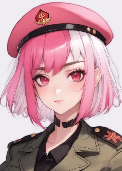 female, short hair, bangs, red eyes, military uniform, beret with pin, choker with pendent, gradient hair, pink and white hair, multicolored hair,, score_9, score_8_up, score_7_up, masterpiece, high quality, 8K