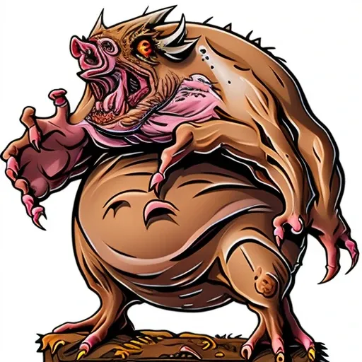 papermini, printableheroes, a fat bald featherless bird-like hog with fleshy bat wings, pink pig skin with brown spots, dirty muddy pig monster, bristly brown fur, sharp hooked terrifying beak with pig nose, intimidating keen eyes, sharp teeth, terrifying sharp claws, by Brom, white background <lora:papermini_v1-3:0.8>