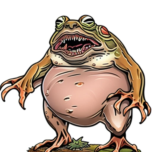 papermini, printableheroes, a fat bald frog-like hog monster, pink pig body with brown spots, hairy, sharp long teeth with long terrifying sharp claws, sharp terrifying claws, pointed pig ears, croaking frog vocal sack for chin, puffed out fleshy vocal sack membrane, [ogre], white background <lora:papermini_v1-3:0.8>
