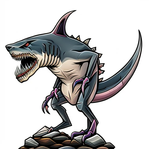 papermini, printableheroes, a shark-like rat monster with gray fur, long sharp terrifying teeth, large dirty mole digging claws, mole nose, pink rat tail, red eyes, long beaver front teeth, dorsal fin curving down its back, webbed paws, long rat-like tail, dirty messy rodent hair, rodent-like features, shark-like features with sharp shark dorsal fin, amphibious creature, standing on rocky dirt ground, by Brom, white background <lora:papermini_v1-3:0.8>