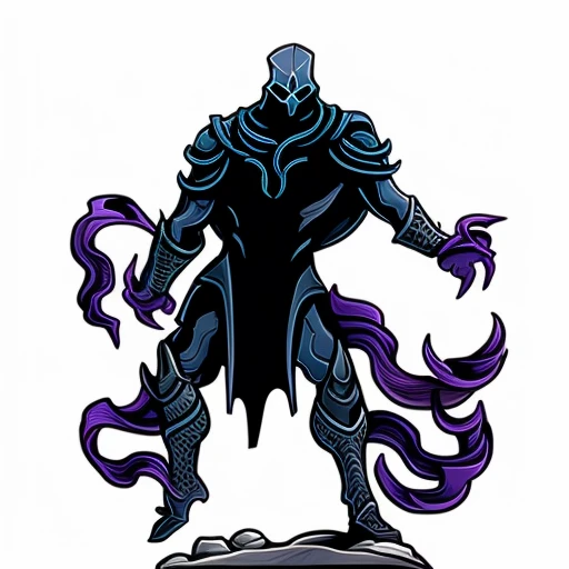 papermini, printableheroes, a misty foggy dark violet-blue silhouette of a shadow human knight, swirling churning circles of darkness making up his body, body made of shadows, shadow man, wispy tendrils of shadow mist streaming out from him, shadow, shadowy foggy dark violet-blue silhouette, standing on shiny obsidian ground, by Brom, Brom, (white background) <lora:papermini_v1-3:0.8>