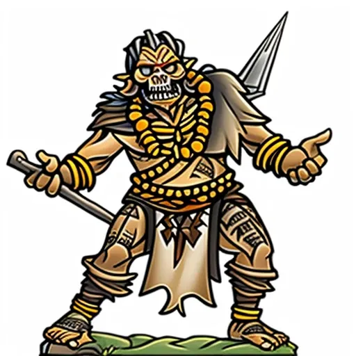 papermini, printableheroes, a male goblin shaman mage with a primitive stick staff, casting a magic spell, brown loincloth, tribal ritualistic tattoos, arms upraised casting tribal spell, wearing primitive medieval tribal priestly shaman robes, yellow skin, holding primitive shaman stick staff with skull on top, skull staff, white background <lora:papermini_v1-3:0.8>