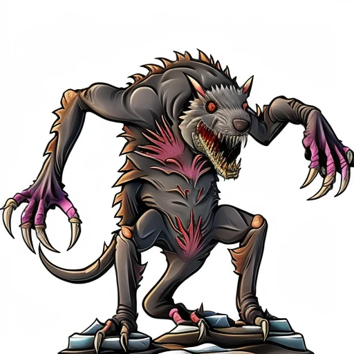 papermini, printableheroes, a [shark-like] rat monster with gray fur, long sharp terrifying teeth, large dirty mole digging claws, mole nose, pink rat tail, red eyes, long beaver front teeth, dorsal fin curving down its back, webbed paws, long rat-like tail, dirty messy rodent hair, rodent-like features, [shark-like features with sharp shark dorsal fin], amphibious creature, standing on rocky dirt ground, by Brom, white background <lora:papermini_v1-3:0.8>