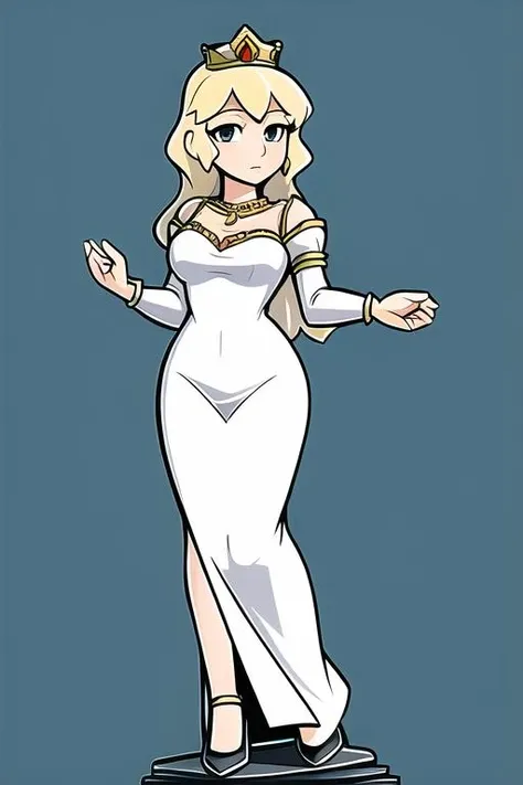 papermini, printableheroes, a character portrait of a woman wearing a dress, blonde hair, royal dress, princess, crown, jewelry, human, female, anatomical, normal hand, standing on a stone floor, cute, (full body), ((blank background)), ((white background)) <lora:papermini_v1-3:0.8> <lora:tune:0.5>
