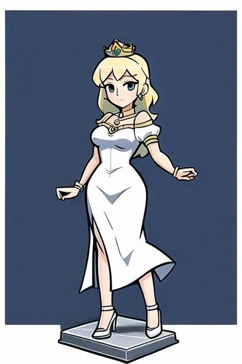 papermini, printableheroes, a character portrait of a woman wearing a dress, blonde hair, royal dress, princess, crown, jewelry, human, female, anatomical, normal hand, standing on a stone floor, cute, (full body), ((white background)) <lora:papermini_v1-3:0.8> <lora:tune:0.5>