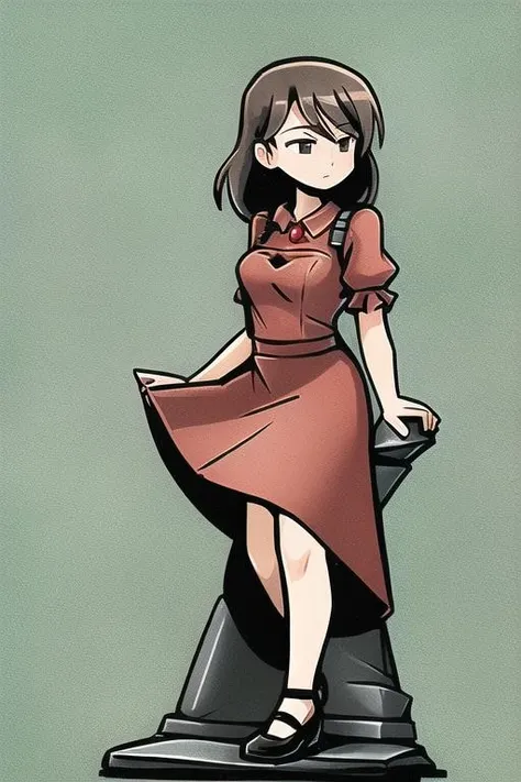 papermini, printableheroes, a character portrait of a woman wearing a dress, brown hair, red dress, human, female, , <standing on a stone floor, ((white background))  <lora:papermini_v1-3:1>