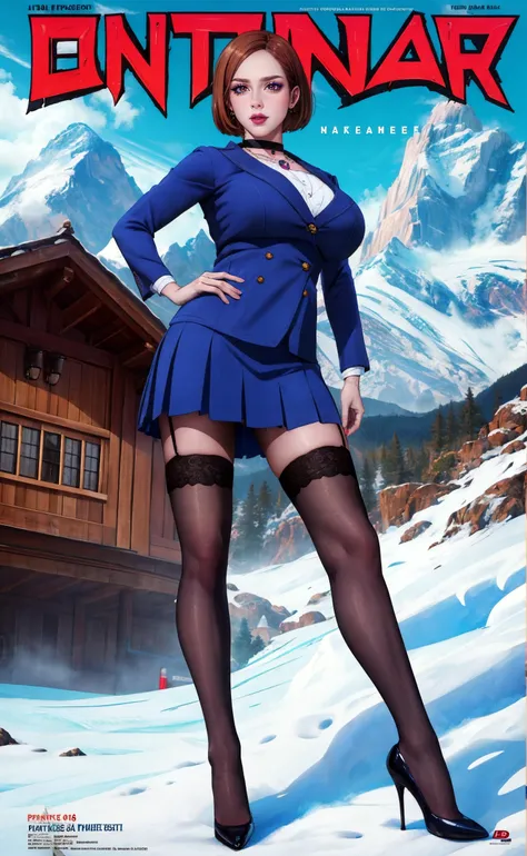 butch girl, pinup, centerfold, winter clothes, short skirt, cleavage