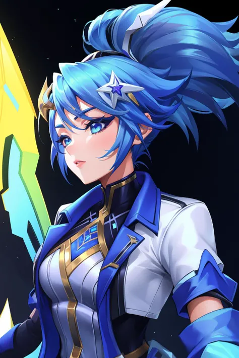 (masterpiece, best quality:1.2), intricate details, <lyco:GoodHands-beta2:1>, <lora:Akali_DRX_1:0.7>, Akali drx, 1girl, solo, blue eyes, hair ornament, blue hair, jacket, ponytail, star hair ornament, short sleeves, black gloves