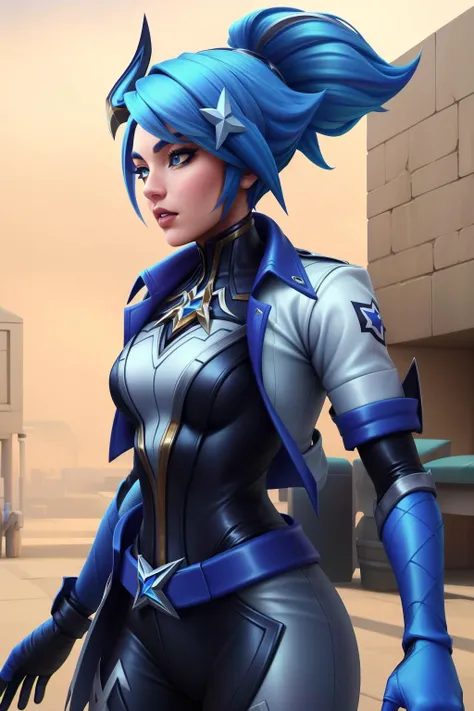 (masterpiece, best quality:1.2), intricate details, <lyco:GoodHands-beta2:1>, <lora:Akali_DRX_1:0.7>, Akali drx, 1girl, solo, blue eyes, hair ornament, blue hair, jacket, ponytail, star hair ornament, short sleeves, black gloves