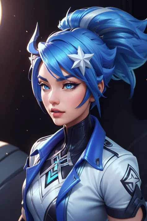 (masterpiece, best quality:1.2), intricate details, <lyco:GoodHands-beta2:1>, <lora:Akali_DRX_1:0.7>, Akali drx, 1girl, solo, blue eyes, hair ornament, blue hair, jacket, ponytail, star hair ornament, short sleeves, black gloves