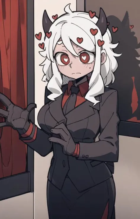 best quality, masterpiece, best shadow, shade, beautiful lighting, High Contrast, modeus with heart shapes and heart shaped pupils, coffee shop, night, colored lights,formal wear <lora:helltakerv1 te.2:0.6> <lora:Helltaker:0.4><lora:Masterpiace:0.2> <lora:40_niji:0.4>