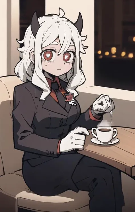 best quality, masterpiece, best shadow, shade, beautiful lighting, High Contrast, modeus with heart shapes and heart shaped pupils, coffee shop, night, colored lights,formal wear <lora:helltakerv1 te.2:0.6> <lora:Helltaker:0.4><lora:Masterpiace:0.2> <lora:40_niji:0.4>