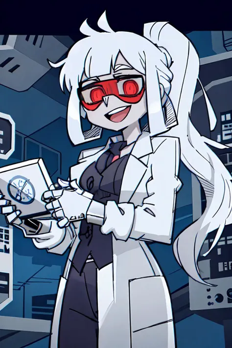 masterpiece,best quality,1girl,loremaster,goggles,smile,open mouth,labcoat,open clothes,holding ipad,laboratory,cowboy shot,official artstyle with cel shading and official art,<lora:helltakerv1 te.2:1>,