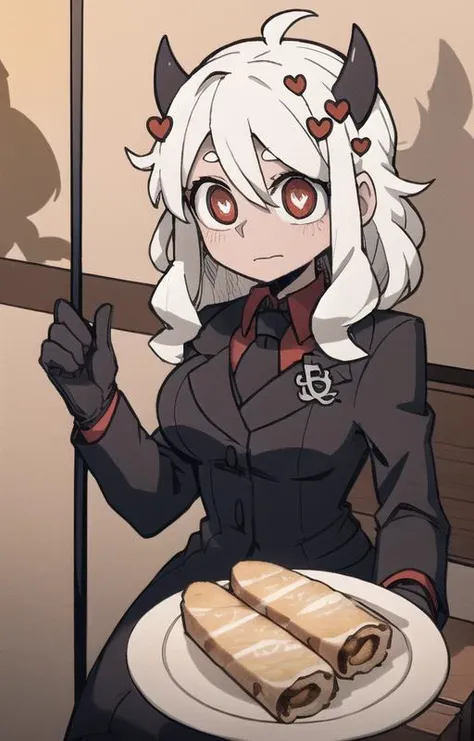 best quality, masterpiece, best shadow, shade, beautiful lighting, High Contrast, modeus with heart shapes and heart shaped pupils, coffee shop, night, colored lights,formal wear <lora:helltakerv1 te.2:0.6> <lora:Helltaker:0.4><lora:Masterpiace:0.2> <lora:40_niji:0.4>