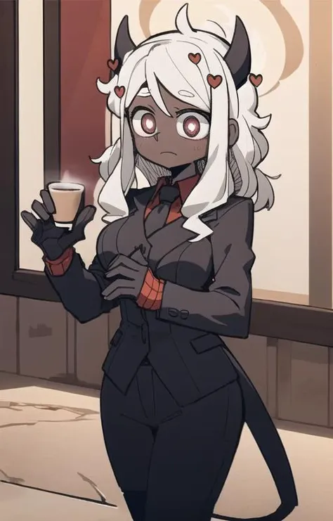 best quality, masterpiece, best shadow, shade, beautiful lighting, High Contrast, modeus with heart shapes and heart shaped pupils, coffee shop, night, colored lights,formal wear <lora:helltakerv1 te.2:0.6> <lora:Helltaker:0.4><lora:Masterpiace:0.2> <lora:40_niji:0.4>