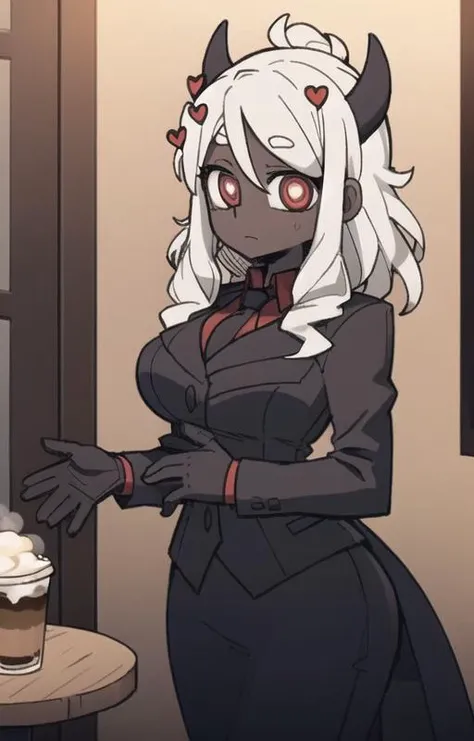best quality, masterpiece, best shadow, shade, beautiful lighting, High Contrast, modeus with heart shapes and heart shaped pupils, coffee shop, night, colored lights,formal wear  <lora:helltakerv1 te.2:0.6> <lora:Helltaker:0.4><lora:Masterpiace:0.2> <lora:40_niji:0.4>