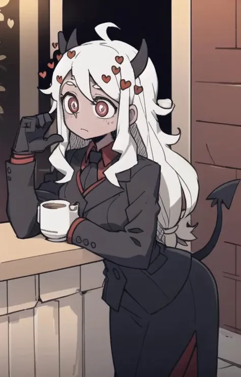 best quality, masterpiece, best shadow, shade, beautiful lighting, High Contrast, modeus with heart shapes and heart shaped pupils, coffee shop, night, colored lights,formal wear  <lora:helltakerv1 te.2:0.6> <lora:Helltaker:0.4><lora:Masterpiace:0.2> <lora:40_niji:0.4>